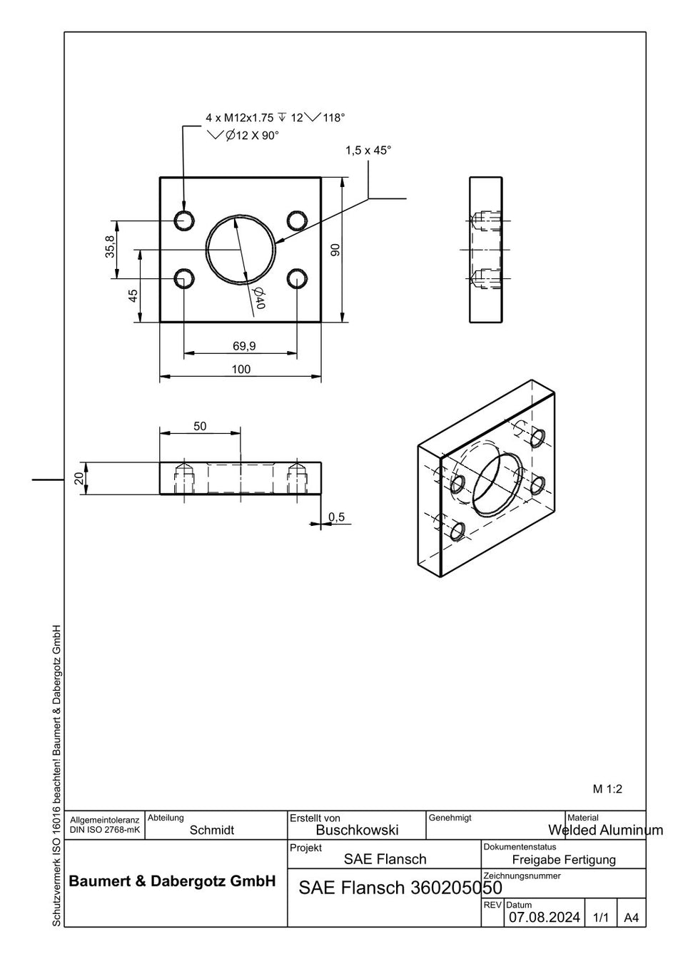 Aluminium Flansch  A 100 x 90 x 20 mm / D 40 mm 4 x M 12 SAE